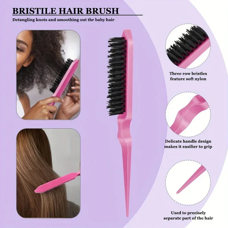 7pcs Hairdressing Tool Set Bristle Rat Tail Edge Comb Eyebrow Brush with Braiders Ponytail Creator Water Sprayer Styling Set