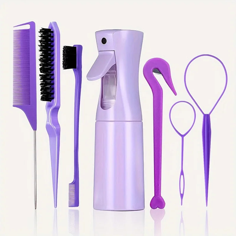 7pcs Hairdressing Tool Set Bristle Rat Tail Edge Comb Eyebrow Brush with Braiders Ponytail Creator Water Sprayer Styling Set