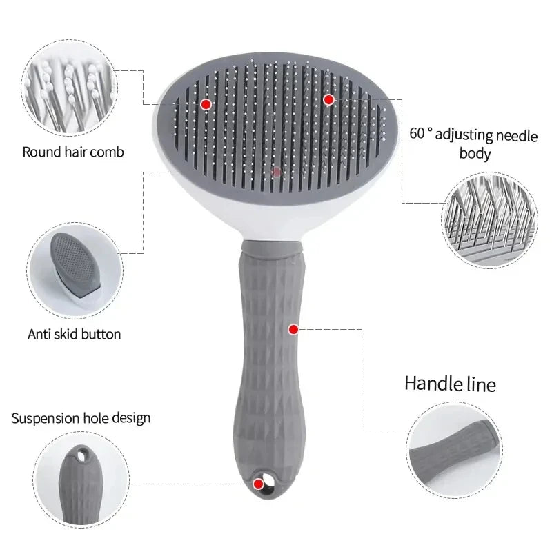 Keep your pet'coat clean, smooth, and healthy with this self-cleaning grooming brush,designed for both dogs and cats. The fine grooming bristles help remove loose hair, tangles, and mats while providing a gentle brushing experience